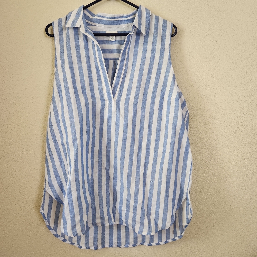 J. Crew Blue and White Striped Sleeveless Collared V-Neck Top